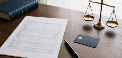 Банков документ, карта и везни на правосъдието върху адвокатско бюро